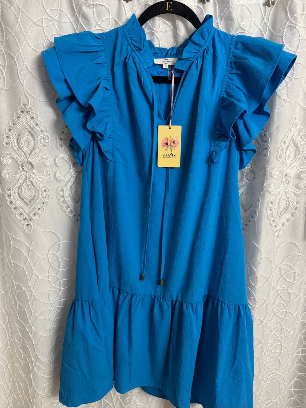 entro Bright Blue Ruffle Sleeve Tie-Neck Dress